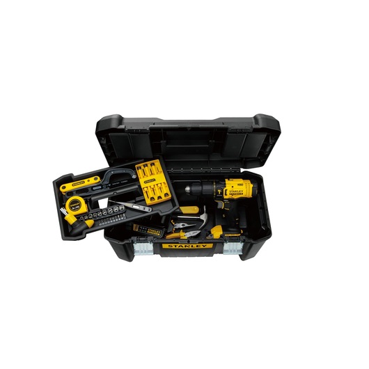 STANLEY SCD711C1H-B2 tool kit with drill, bits, and accessories in black case, top view