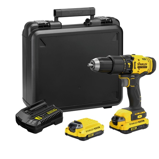 Stanley SCD711C2K-AR cordless drill with battery, charger, extra battery, and hard carrying case, front angle.