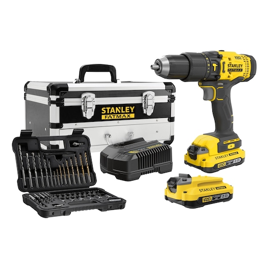 STANLEY SCD711D2FA-B2 drill kit with tool case, batteries, charger, and drill bit set, photographed front view.