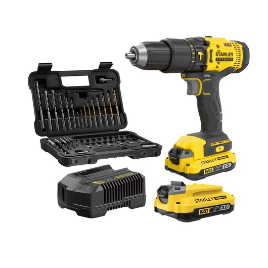 Stanley SCD711D2FA-B2 drill kit with yellow cordless drill, two batteries, charger, and bit set, white background.