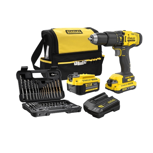 STANLEY SCD711DMSA cordless drill kit with yellow and black drill, tool bag, two batteries, charger, and drill bit set, front angle.