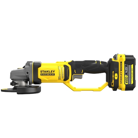 STANLEY SCG400M2K-KR cordless angle grinder, yellow and black, side view, FATMAX series.