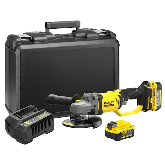 STANLEY SCG400M2K-KR cordless angle grinder kit with batteries, charger, and hard carrying case, front angle.