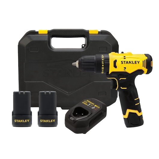 Stanley SCH10D2K cordless drill set with two batteries, charger and black case, front angle.