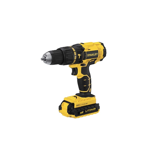 Photo of STANLEY SCH20C2K cordless drill, yellow and black, 20V lithium battery, front left angle, on white background.