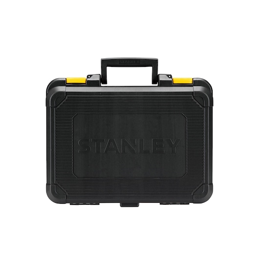 STANLEY SCHI10D2K-KR black hard plastic tool case with yellow latches, front angle on white background.