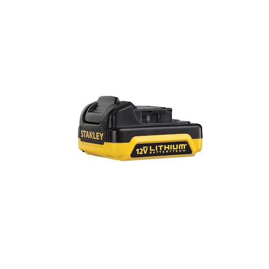 STANLEY SCI12S2K 12V Lithium battery, black and yellow, right front angle, photography product image.