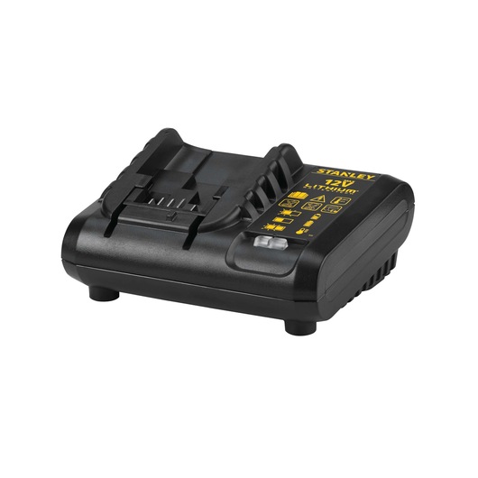 STANLEY SCI12S2K battery charger, black plastic, front angle, yellow label, for 12V lithium batteries