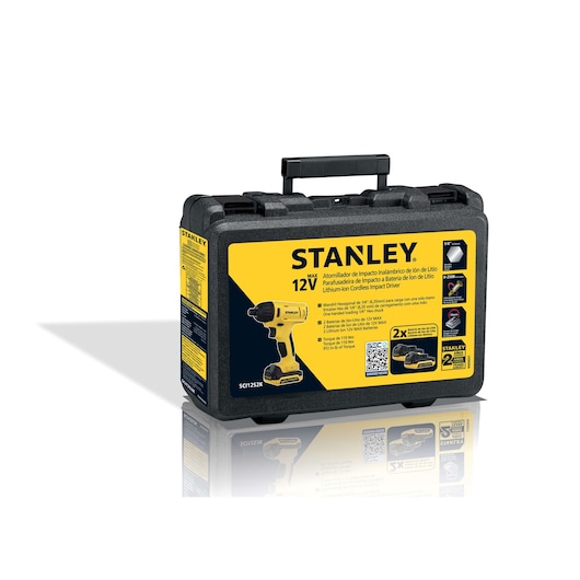STANLEY SCI12S2K 12V cordless impact driver kit hard case, yellow and black, front angle on white background.