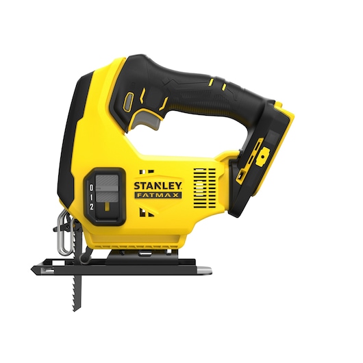 STANLEY SCJ600 jigsaw tool side view, yellow and black, FATMAX branding on handle.