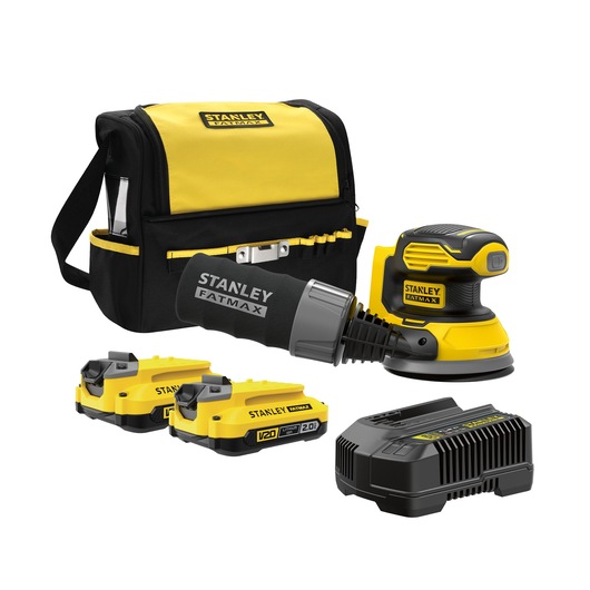 STANLEY SCS220D1S-B2 kit photo, includes yellow-black sander, tool bag, two batteries, and charger, front angle.