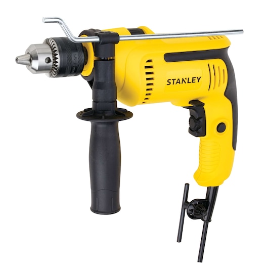 STANLEY SDH700 yellow corded drill with side handle and depth gauge on white background, product side view.