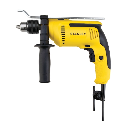 STANLEY SDH700 yellow corded drill with side handle, front view on white background.
