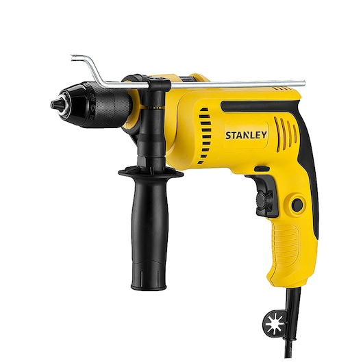 STANLEY SDH700 yellow and black corded drill with side handle, shown in right-side angle on white background.