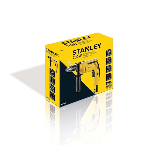 Photo of STANLEY SDH700 hammer drill retail box, yellow and black packaging, front-left angle.