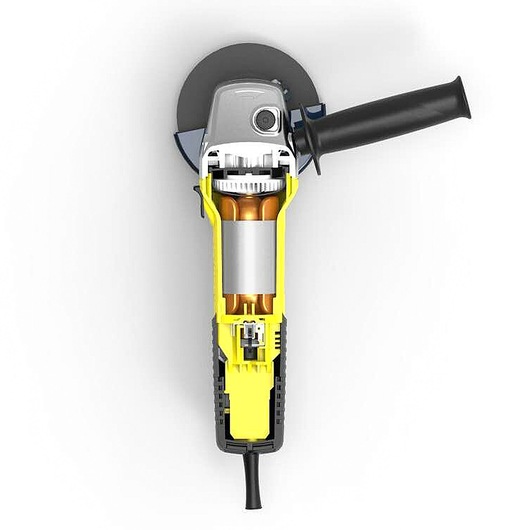 STANLEY SGS1045 angle grinder cutaway view showing internal components, photographed from above on white background.