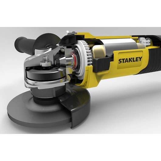 STANLEY SGS1045 angle grinder cutaway photo, showing internal motor and gear parts, side view.