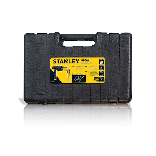 Photo of STANLEY SHR263KA-BR black plastic carrying case for rotary hammer, front angle with yellow label.