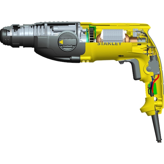 STANLEY SHR263K-BR cutaway view yellow corded hammer drill showing internal components, side angle.