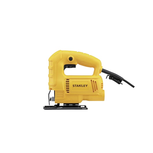 Stanley SJ45 yellow jigsaw power tool, side angle product photography on white background.