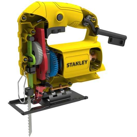 STANLEY SJ45 jigsaw cutaway photo showing internal gears and mechanisms, yellow body, side angle.
