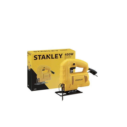 STANLEY SJ45 jigsaw with yellow body and black accents, shown with box, front angle on white background.