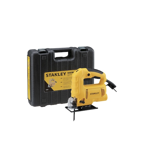 STANLEY SJ60K-B3 yellow jigsaw with black carry case, front angle on white background.