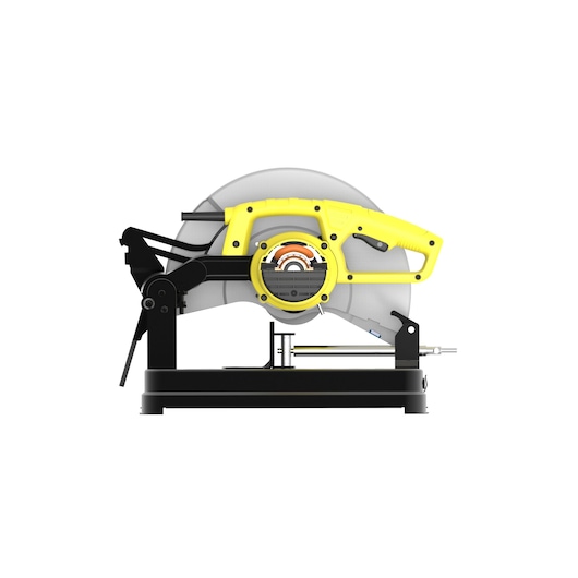 STANLEY SSC22-BR chop saw side view, yellow and black housing on white background.