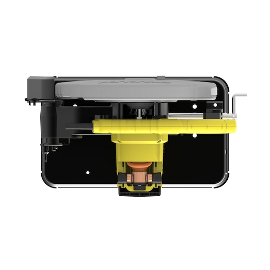 STANLEY SSC22-BR photography of yellow and black electric tool’s inner assembly, top view, white background.