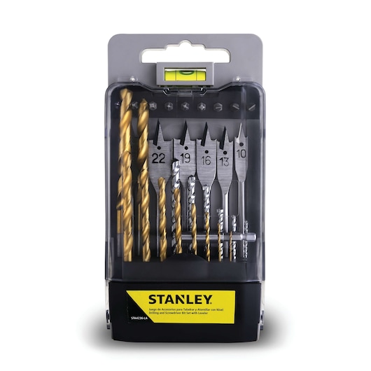 STANLEY STA4236-LA drill and screwdriver bit set with level, front view, assorted bits in clear case.