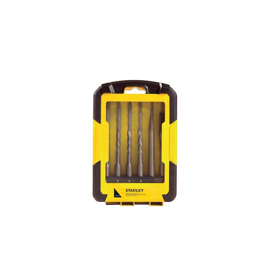 STANLEY STA4279-LA drill bit set in yellow plastic case, front angle on white background.