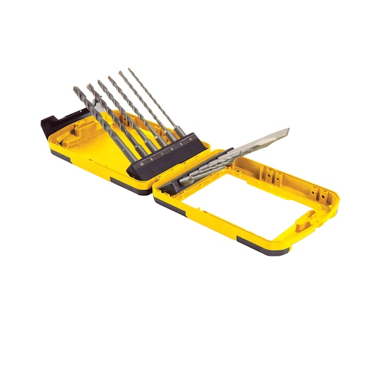 STANLEY STA4279 masonry drill bit set in yellow and black plastic case, angled view, showing multiple drill bits.