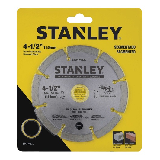 STANLEY STA47452L segmented diamond blade, 4-1/2 inch, photography, front view on yellow packaging.