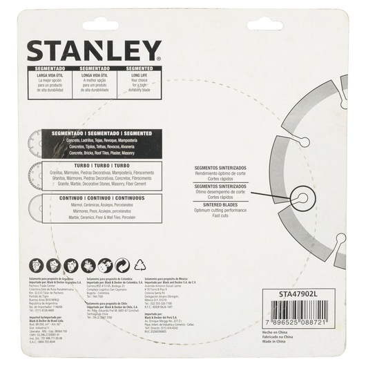 Photo of STANLEY STA47902L segmented saw blade packaging, white background, product details and usage instructions.