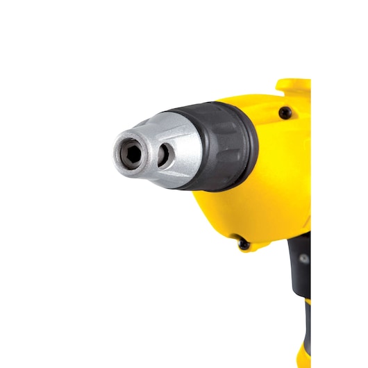 STANLEY STDR5206 close-up of yellow electric screwdriver front showing metal bit holder on white background.
