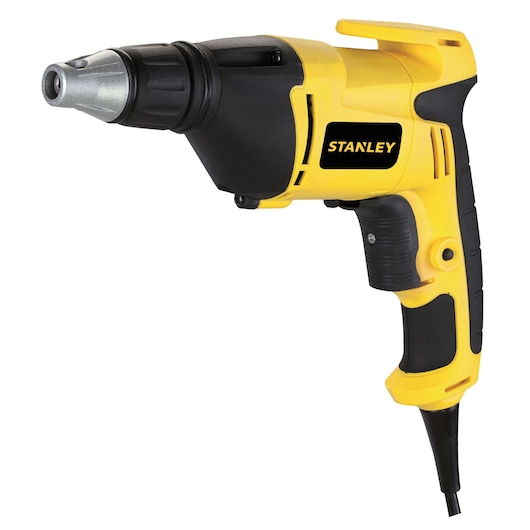 STANLEY STDR5206 yellow and black corded screwdriver photographed from the side on white background.