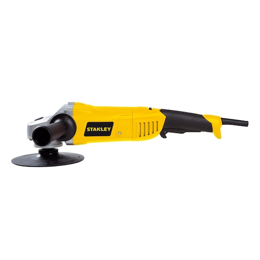 STANLEY STGP1318K yellow and black angle grinder side view on white background.