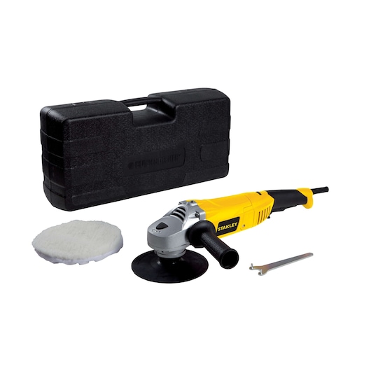 Stanley STGP1318K yellow polisher tool kit with polishing pad, wrench, and black carrying case, front view.