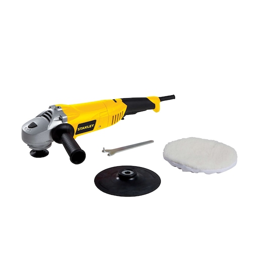 STANLEY STGP1318K yellow and black polisher kit with accessories, front angle, white background.