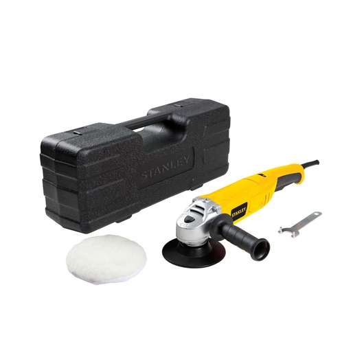 STANLEY STGP612K yellow polisher kit with case, foam pad, and wrench, front angle on white background.