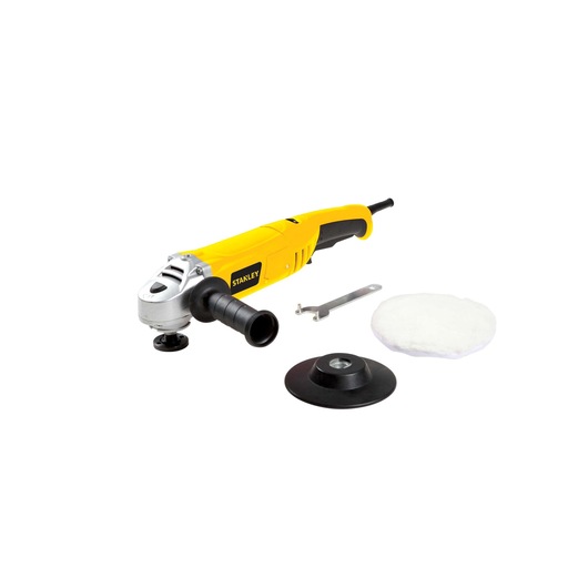 STANLEY STGP612K yellow electric polisher kit with handle, pad, wrench, and polishing cover, front angle.