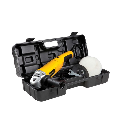 STANLEY STGP612K yellow polisher kit in open black plastic case, includes handle, polishing pad, and wrench, front angle.