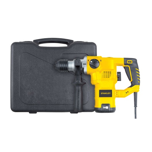 Stanley yellow rotary hammer drill with black case, power cord, and side handle visible.