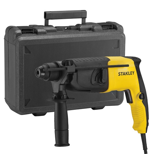 STANLEY STHR202K yellow and black rotary hammer drill with side handle, shown in front of carrying case, front angle.