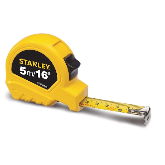 STANLEY STHT33989-840 yellow tape measure, 5m/16ft, side angle on white background.