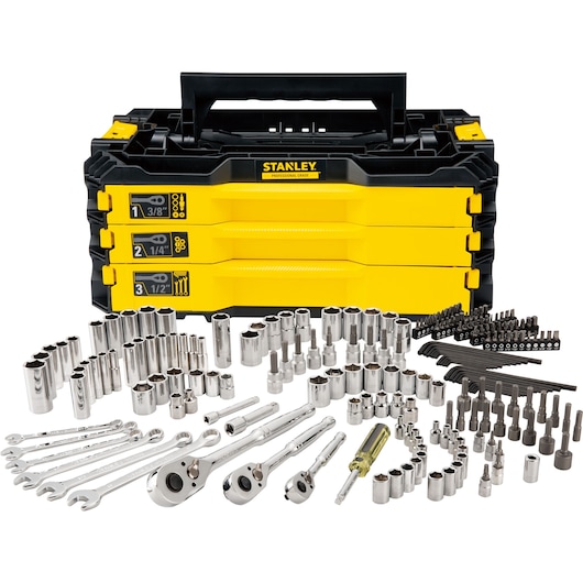 STANLEY STMT17993-LA yellow and black tool box set with sockets, wrenches, ratchets, and multiple hand tools, front angle.