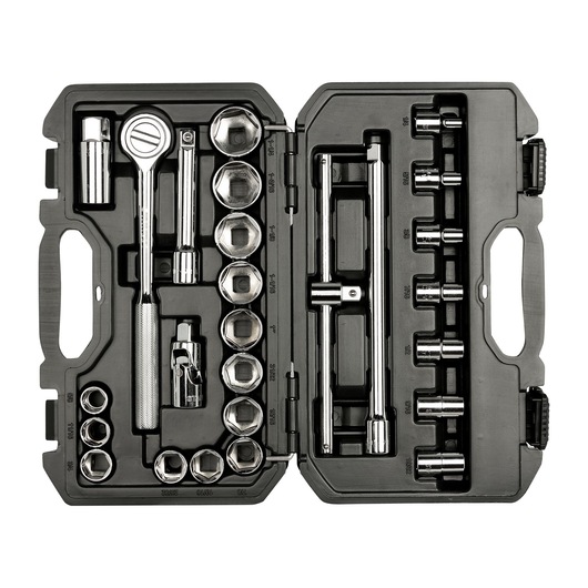 STANLEY STMT45509-LA socket wrench set with ratchet, sockets, and accessories in a black plastic case, top-down view.