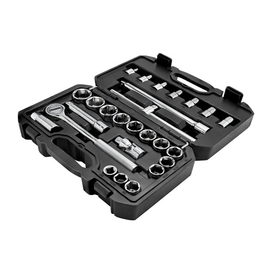 STANLEY STMT45509-LA socket wrench set in black hard case, photo shows chrome tools organized in molded slots.