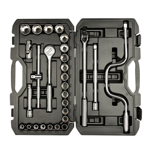 STANLEY STMT45512-LA socket and ratchet set in black plastic case, top view with chrome hand tools organized.