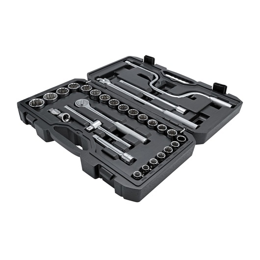 STANLEY STMT45512-LA socket wrench set with multiple sockets and accessories in a black plastic case, angled view.